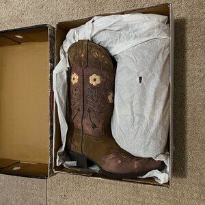 Laredo Dan Post Miss Kate Brown Pink Arrow Leather Cowboy Boots Women Size 7.5